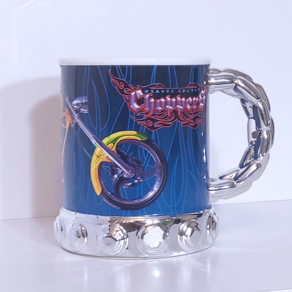 Orange County Choppers OCC 2004 Coffee Mug Chrome Chain Handle Studded Base Blue